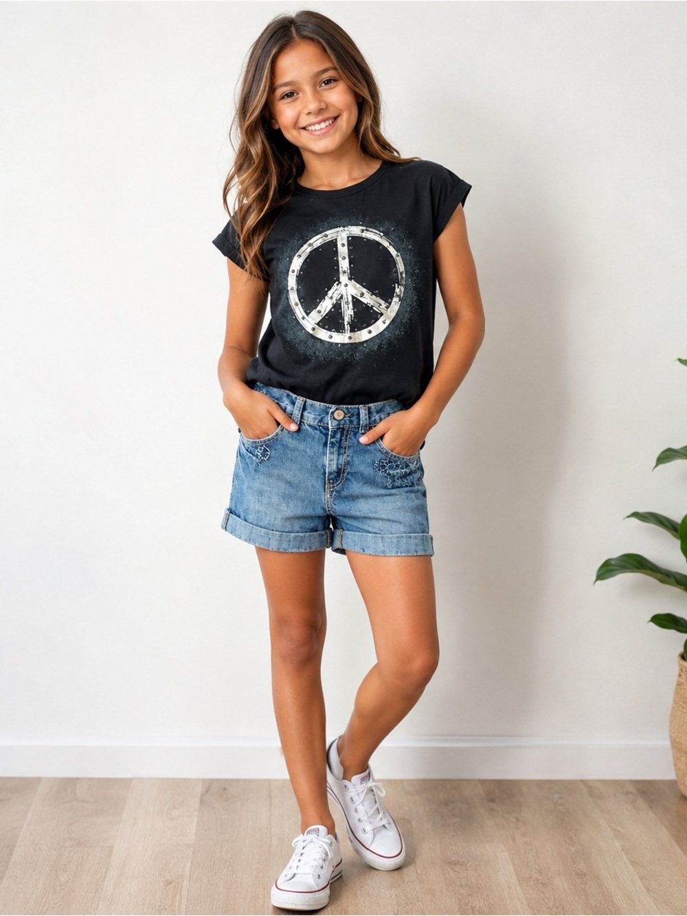 Gymboree Jean Shorts & Black Embellished Tshirt 2pc sz 9/10